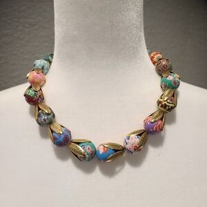 Lenora Dame Classic Floral Brass Bead Cap Necklace Pastel Polymer Beads Signed